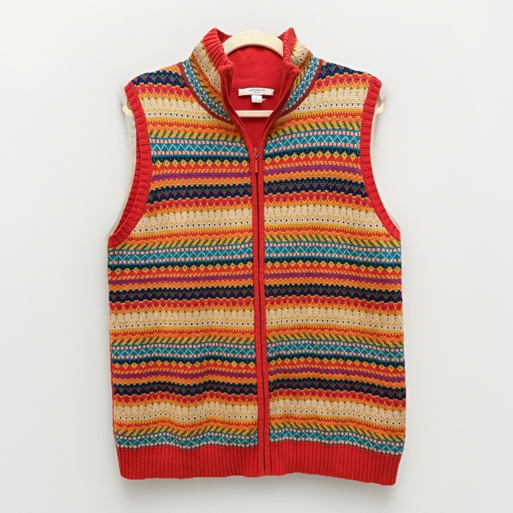 Liz Claiborne L Colorful Fair Aisle‎ Striped Full Zip Sweater Vest Y2K